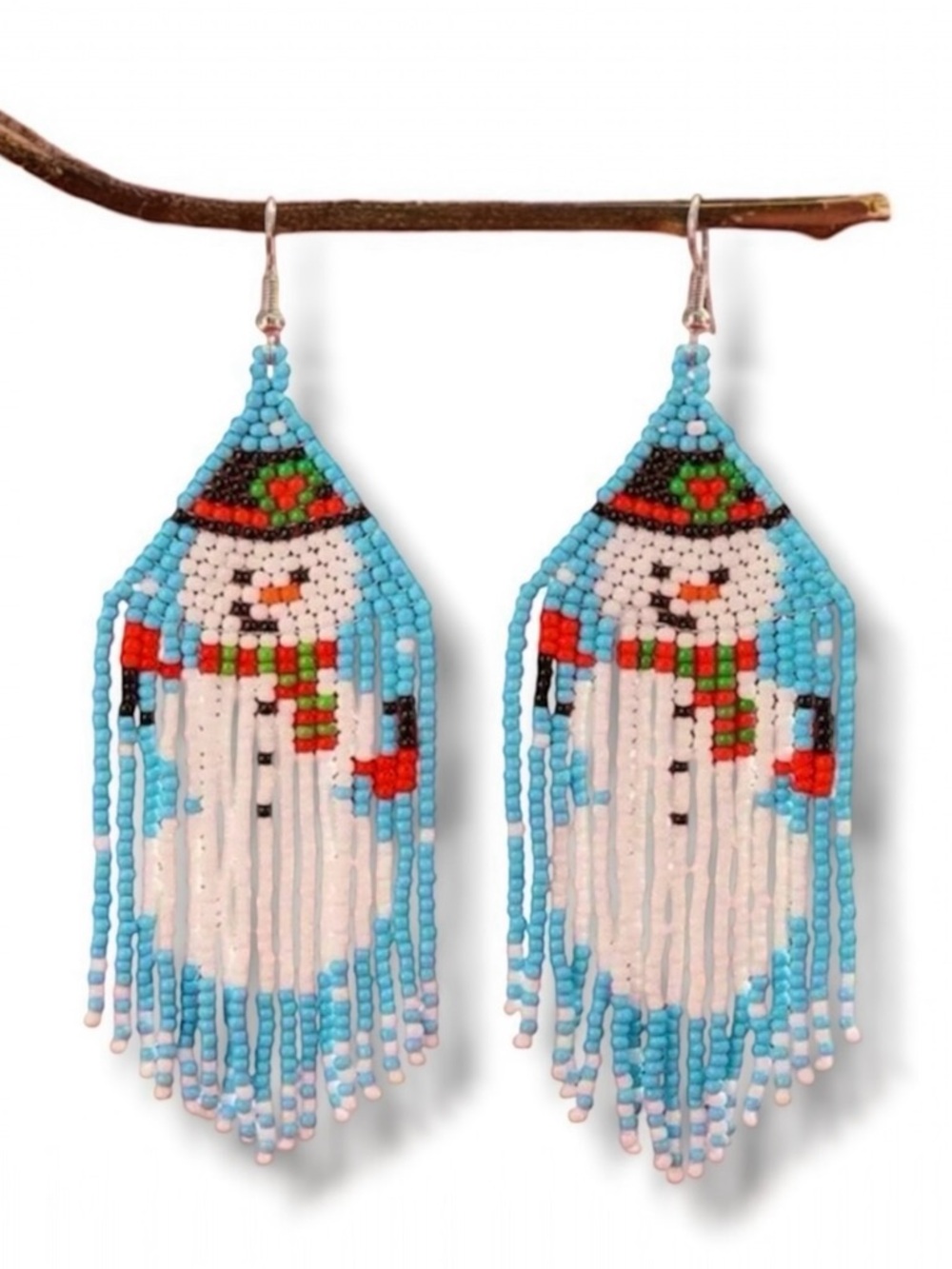 Beaded Snowman Earrings Holiday Christmas Fringe Seed Bead Dangle Festive